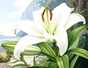 White lily against a landscape