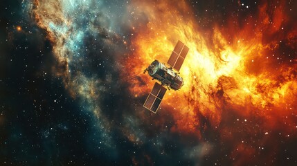 Low-temperature graphene battery-powered satellites functioning in deep space, glowing layers against a cosmic backdrop