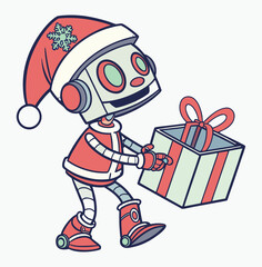 Cute Robot Santa Claus Christmas T-Shirt, Friendly AI Santa Cartoon Vector, Futuristic Robot in Santa Outfit Design, Adorable Robot Christmas Character Art, Smiling Robot Santa Holiday Illustration