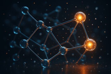 Advanced molecular visualization with interconnected atomic structures and glowing nodes representing breakthrough scientific research and innovation