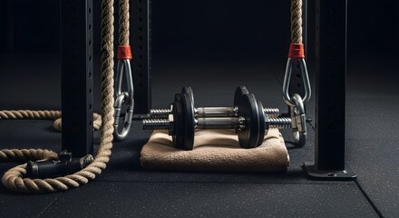 Gym Workout concept with dumbbells, rope station, and natural lighting. Ultrsharp textures, crisp edges, clean composition, copy space. Noise-free file for fitness, health.