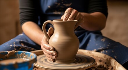 Hands shaping clay pitcher on pottery wheel image