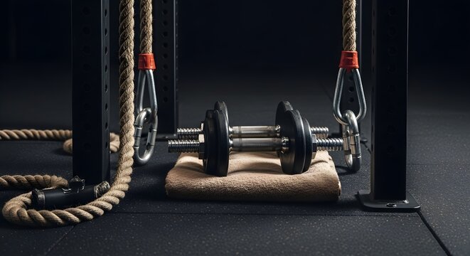 Gym Workout concept with dumbbells, rope station, and natural lighting. Ultrsharp textures, crisp edges, clean composition, copy space. Noise-free file for fitness, health.