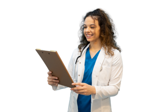 Female doctor examining medical chart, smiling confidently while reviewing patient health records in professional healthcare setting