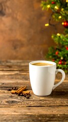 White mug of coffee on rustic wooden table with Christmas elements