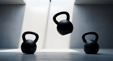 Gym Workout concept: Two unbranded kettlebells in a minimal studio with a concrete wall and soft skylight. Natural lighting, deep focus, and clean composition.