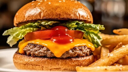 Delicious Cheeseburger with Golden Fries and Fresh Lettuce