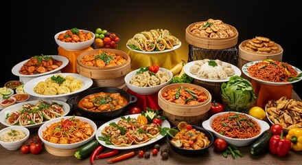 A table full of different types of food showing a festive buffet table with multicultural dishes