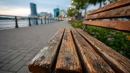 Fototapeta premium Wooden bench on a waterfront promenade with city buildings in the background.