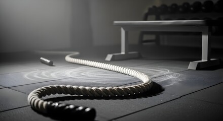 Dynamic gym workout with battle rope in a garage gym, featuring natural lighting, deep focus, and clean composition. Ideal for fitness content, no logos or text.