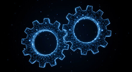 Two interconnected gears made of glowing blue lines against a dark digital background
