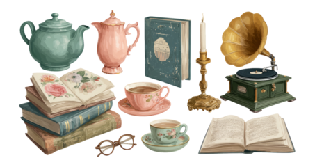 Vintage Tea Set and Books with Antique Decorations in Elegant Style