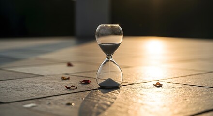 Yoga Sunrise: Minimal hourglass with sand in garden pavilion, dewy petals, natural light, deep focus for sharp textures, clean composition, copy space, noise-free, for fitness/health.