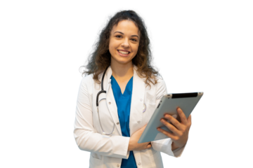 Female doctor smiling while holding a tablet, showcasing expertise in healthcare technology against a transparent background