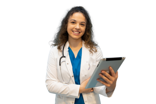 Female doctor smiling while holding a tablet, showcasing expertise in healthcare technology against a transparent background