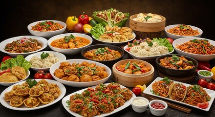 A table full of different types of food showing a festive buffet table with multicultural dishes