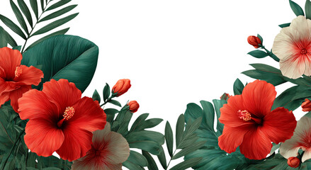 Fototapeta premium Vibrant Hibiscus Flowers with Tropical Leaves on Transparent Background