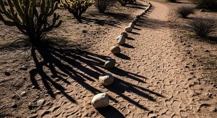 Running Outdoors concept: minimalist pace stones in desert scrub singletrack, natural light, deep focus, ultrasharp textures, clean composition, copy space, noise-free.