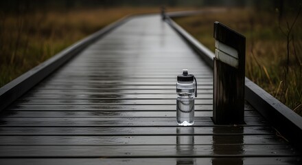 Running Outdoors concept: unbranded water bottle near a milestone on a rain-darkened boardwalk through wetlands, with reflective puddles. Natural light, deep focus, clean composition, copy space.