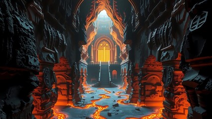 A grand chamber with intricate architecture is illuminated by fiery lava streams, creating an ominous atmosphere.
