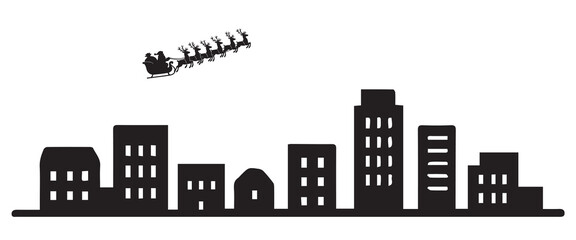 A clean vector design of Santa Claus silhouette flying reindeer sleigh over town skyline, drawn in black and white with solid black outline. © primus