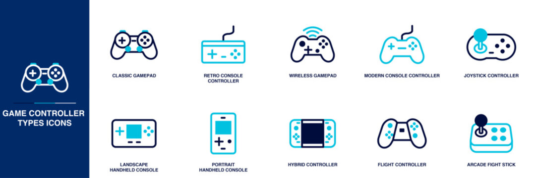Game Controller Types Blue Colored Outline Icon Set