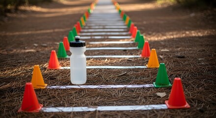 Running Outdoors concept: unbranded water bottle near a milestone on a pine needle path with cone markers forming a cadence