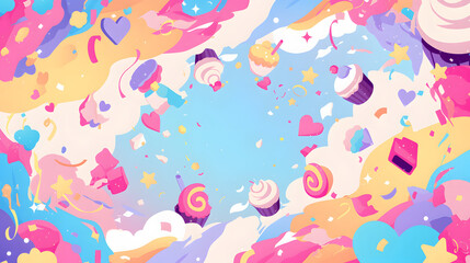 Flat vector comic style abstract background with cute colorful ice cream cup