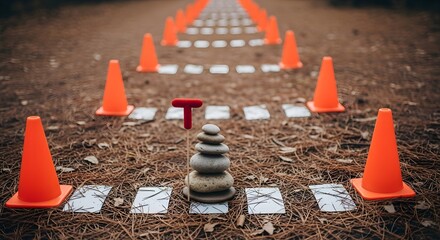 Outdoor running concept with smooth pebbles and cone markers on a pine needle path, captured with natural lighting for fitness, health, and training stories. Clean, editorial-safe.