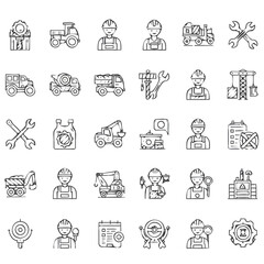 A collection of hand-drawn line art icons representing construction, industry, and heavy machinery.