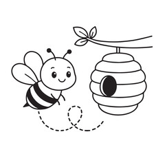 A clean vector image of a bee near its hive, created in black and white with solid black outline, perfect for creative presentations.