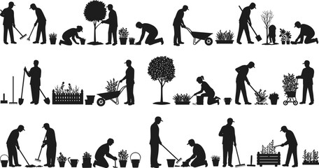 Gardening Silhouettes Vector Set Showing People Planting, Watering, Raking, Digging, Using Wheelbarrow, and Caring for Trees and © Creatives Sakib