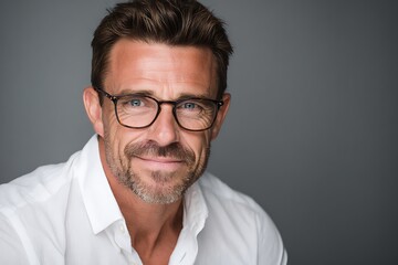 Obraz premium Close-up Portrait of a Handsome Man with Glasses and a Friendly Smile Against a Clean Grey Background