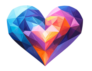 Geometric Abstract Heart with Polygonal Shapes in Bright Colors, Futuristic Digital Art, Isolated