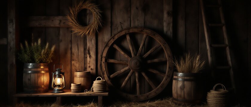 rustic barn backdrop with straw, wooden wheels, pampas grass, and vintage lanterns | farmhouse, western, rustic, countryside, vintage theme