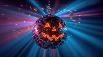 Halloween jack-o'-lantern disco ball glowing with vibrant party lights, festive spooky decoration for Halloween celebration and nightclub atmosphere