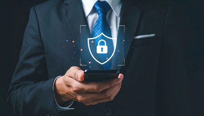 Businessman holding smartphone with security shield and lock icon overlay