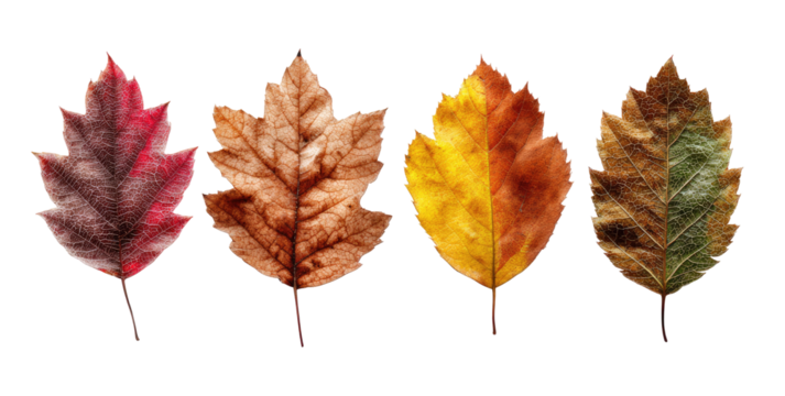 Four autumn leaves in a row, showcasing the transition from vibrant reds to golden yellows and muted browns.  