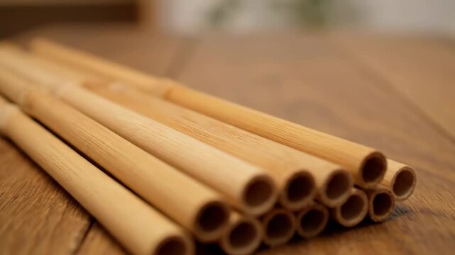 Close up bamboo straws arranged wooden table cinematic UHD handheld sustainable product stock footage. eco friendly cane culm drinking tube display atop timber surface handheld ultra