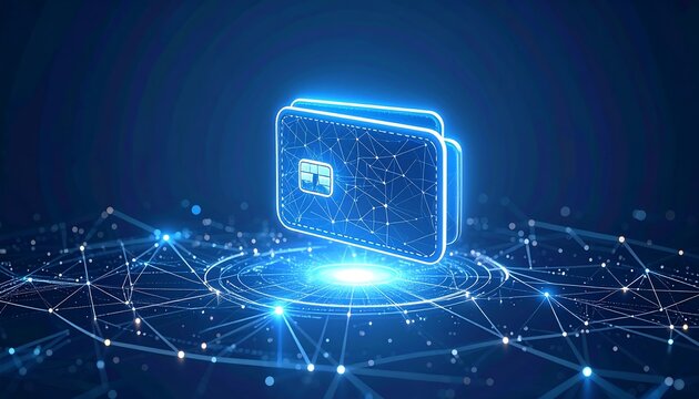 A glowing digital wallet icon sits atop a network of connected nodes, rendered in blue light against a dark background