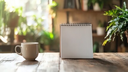 A tranquil scene with a blank spiral notebook and a warm cup of coffee on a wooden table, complemented by vibrant green plants in a sunlit room