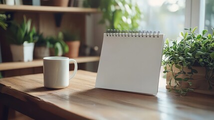 A cozy workspace featuring a blank calendar, a cup of coffee, and lush green plants on a wooden table, creating a serene and inviting atmosphere for planning