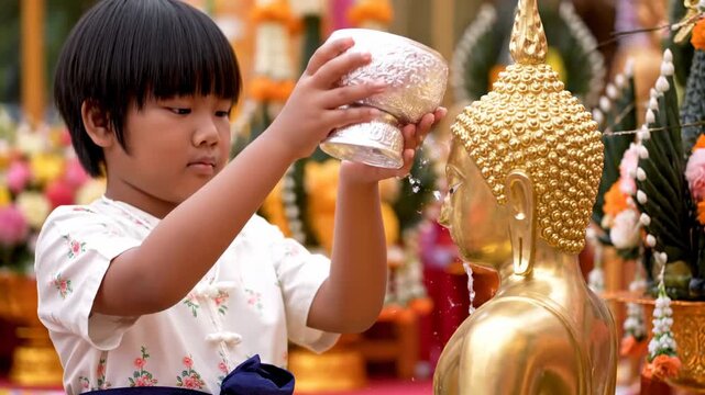 Close up child pouring rose water Buddha statue cinematic UHD handheld Songkran cultural stock footage. young one ablution aromatic liquid deity figure filmic ultra high definition