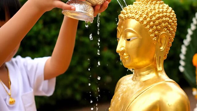 Close up child pouring rose water Buddha statue cinematic UHD handheld Songkran cultural stock footage. young one ablution aromatic liquid deity figure handheld ultra high definition