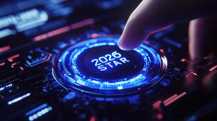 A closeup of a finger about to press a futuristic, glowing blue button labeled 2026 star, symbolizing innovation, technology, and the beginning of a new era