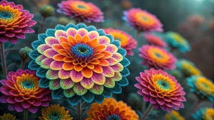 Vibrant, multicolored flowers with intricate petal patterns create a stunning visual display in a lush garden setting.