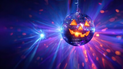 Halloween jack-o'-lantern disco ball glowing with vibrant party lights, festive spooky decoration for Halloween celebration and nightclub atmosphere