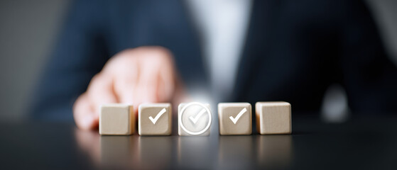 Checkmark on Wooden Blocks, Business Decision Making Concept