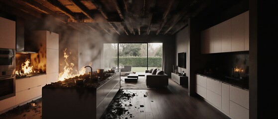 devastated kitchen with severe fire damage and scorched surfaces, aftermath scene | disaster, insurance, safety, renovation, repair theme