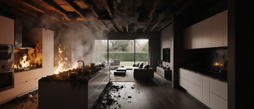 devastated kitchen with severe fire damage and scorched surfaces, aftermath scene | disaster, insurance, safety, renovation, repair theme